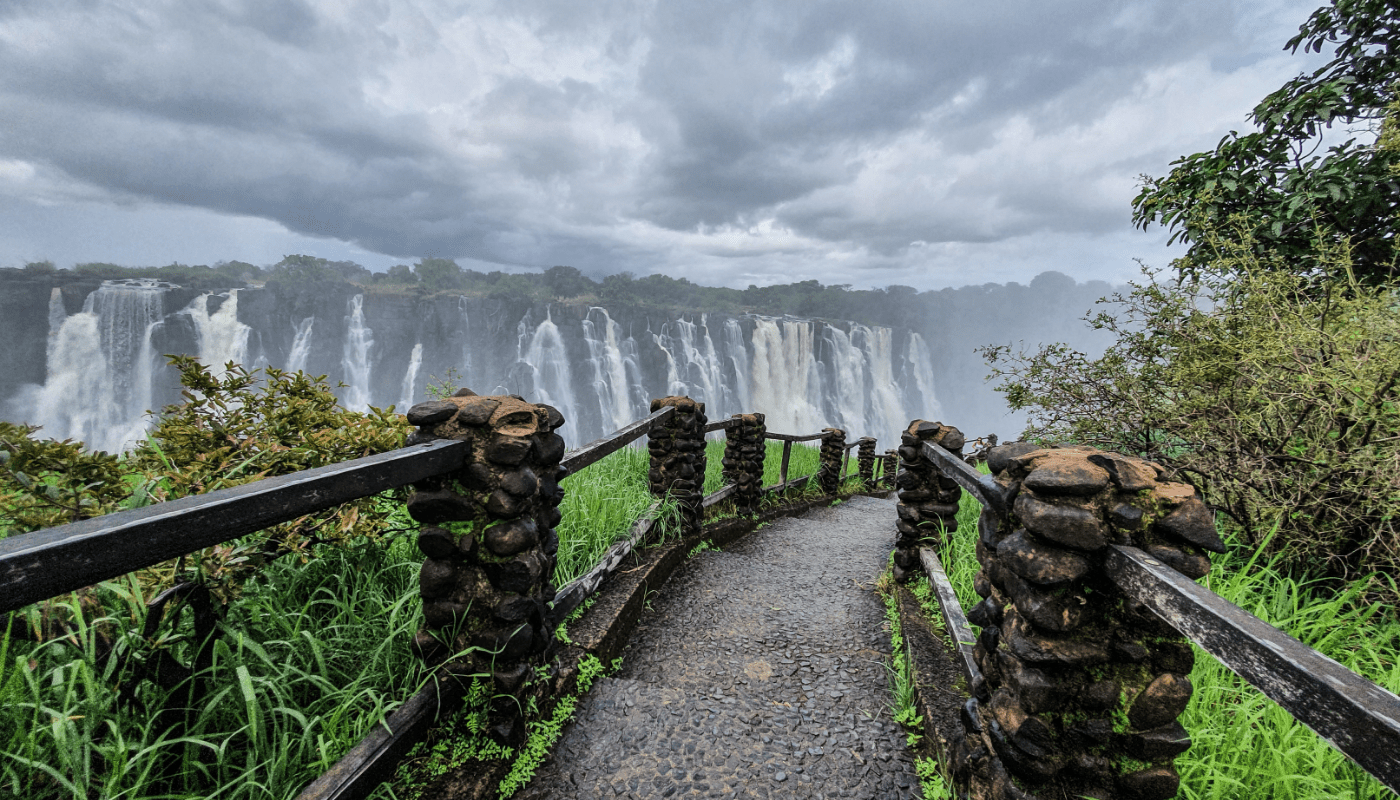 Gallery Slider - View of Waterfalls from a Bridge Sustainable Safaris Africa - Destinations - Victoria Falls - View of Waterfalls from a Bridge