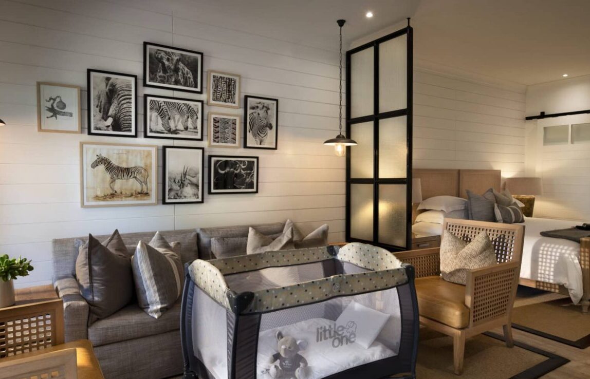 LECFS-IT2 - Baby Crib and Luxury Bedroom and Sitting Area Sustainable Safaris Africa - Journeys - Luxury Eastern Cape Family Safari - Baby Crib and Luxury Bedroom and Sitting Area